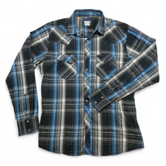 Wrangler Men's Large Blue Black Plaid Western Pearl Snap Shirt Long Sleeve Retro - Picture 1 of 8